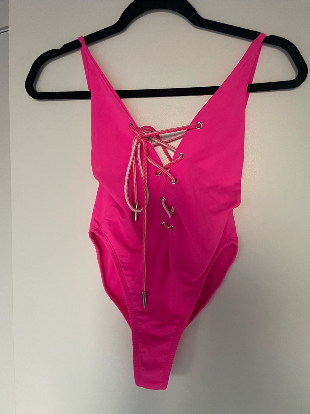 Stitched Swim Hot Pink One-Piece Swimsuit with High Cut Hips and Lace-Up Front